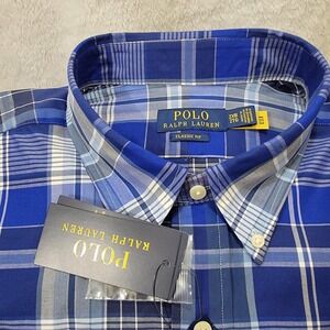 NEW! Polo Ralph Lauren Mens 2XB Stretch Blue Plaid Button Down Classic Fit Shirt